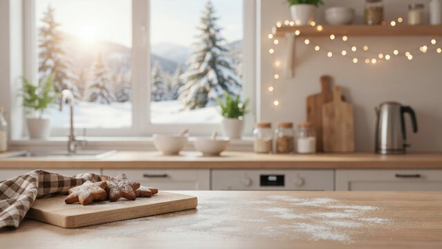 Christmas cookies on wooden table in kitchen