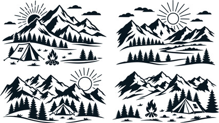 Fototapeta premium Premium Vector Collection of Mountain Landscapes for Camping and Hiking featuring Pine Forests, Tents, Campfires, and Scenic Sunsets for Outdoor Adventure and Wilderness Branding.