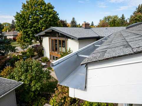 aluminum rain gutter installation on residential roof | home exterior maintenance and roof drainage system | clean seamless gutters for residential houses | asphalt shingle roofing with modern gutter 