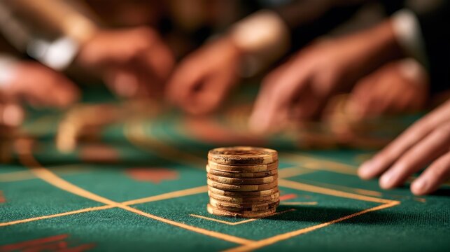 Stack of casino chips on a green felt table with blurred hands of players placing bets during a game of chance in a vibrant gambling environment