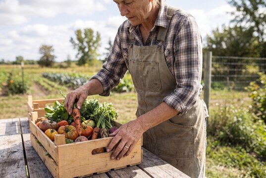 Farmer Sorting Fresh Vegetables Into Wooden Crate