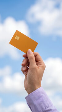 Hand holding orange bank card against cloudy sky