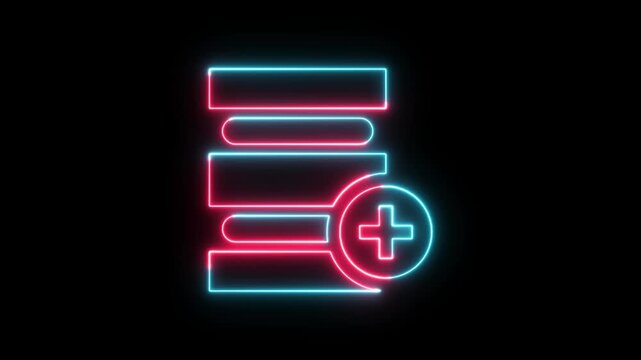 Neon glowing database icon with an add symbol on a black background