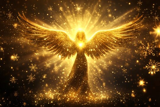 Golden angel spreading wings with glowing light and snowflakes