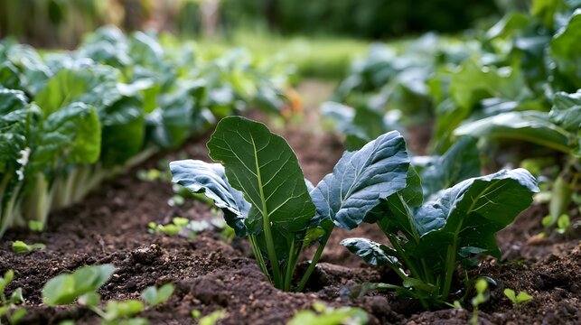 Rows of vibrant green leafy vegetables growing in rich dark soil in an organized garden bed with natural sunlight