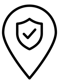 Secure location pin icon, safe place marker, protected map point, verified address symbol, security location sign isolated on white background