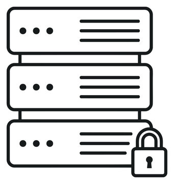 Secure server rack icon, data storage system with a padlock symbol representing encrypted database protection