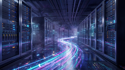 Fototapeta premium Dynamic neon light trails emerging from server racks illustrating high speed data processing and digital network flow