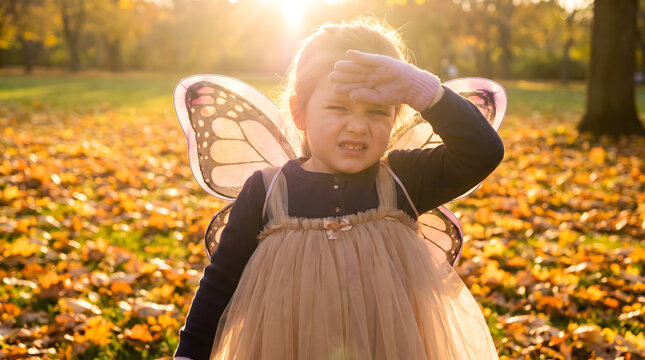 Annoyed Little Girl In Fairy Costume Squinting From Bright Sunshine. Disturbed child wearing butterfly wings blocks strong autumn sun glare with squinted eyes