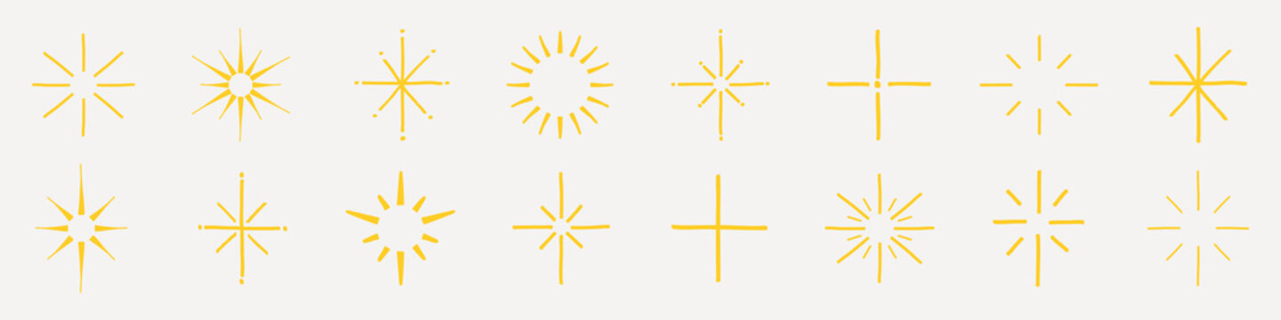 Vector set of yellow starburst and cross shapes on a white background.