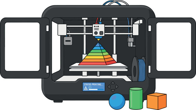 Detailed 3D printer vector illustration with open doors printing geometric pyramid model