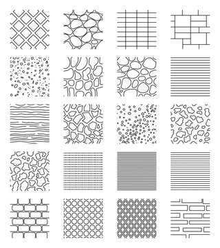 Comprehensive collection of various architectural hatch patterns and textures featuring geometric, organic, and linear designs for drafting and design