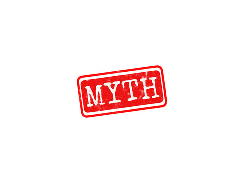 A vibrant red rubber stamp featuring the word myth in bold distressed white letters, ideal for fact-checking designs.