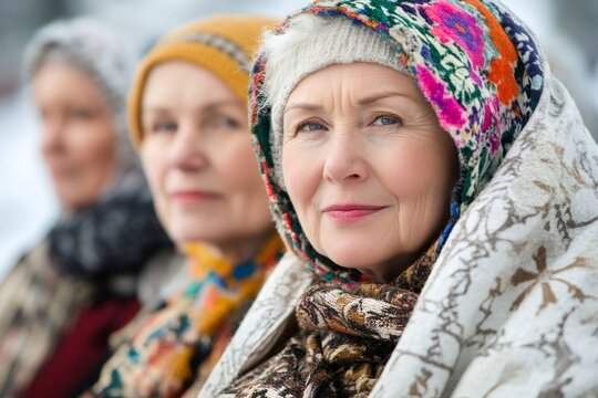 Smiling senior women wearing headscarves in winter