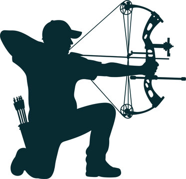Archery hunter vector silhouette illustration with compound bow, arrows, and kneeling archer aiming