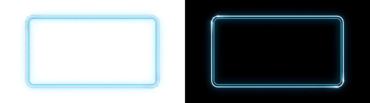 Blue neon rectangle frame glowing brightly with rounded corners for banner and social media designs in PNG, Transparent and Black Background Versions