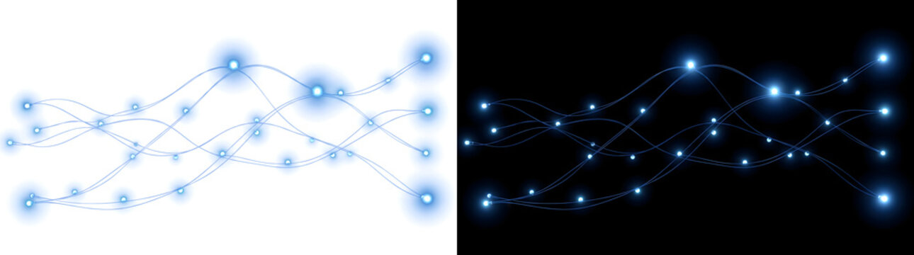 Blue network of glowing nodes linked by curved connecting lines forming a digital data pattern for tech designs in PNG, Transparent and Black Background Versions