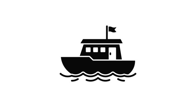 Black silhouette of a small boat on waves isolated on white