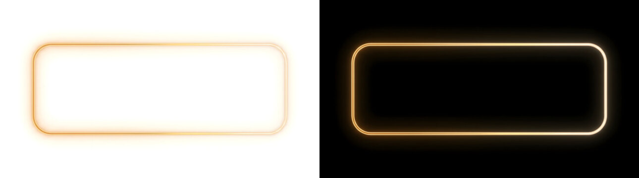 Golden neon rectangle frame glowing brightly with rounded corners for banner and social media designs in PNG, Transparent and Black Background Versions