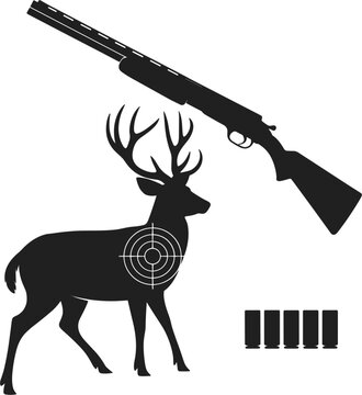Black hunting target vector illustration featuring a deer silhouette with crosshairs, rifle, and ammunition shells