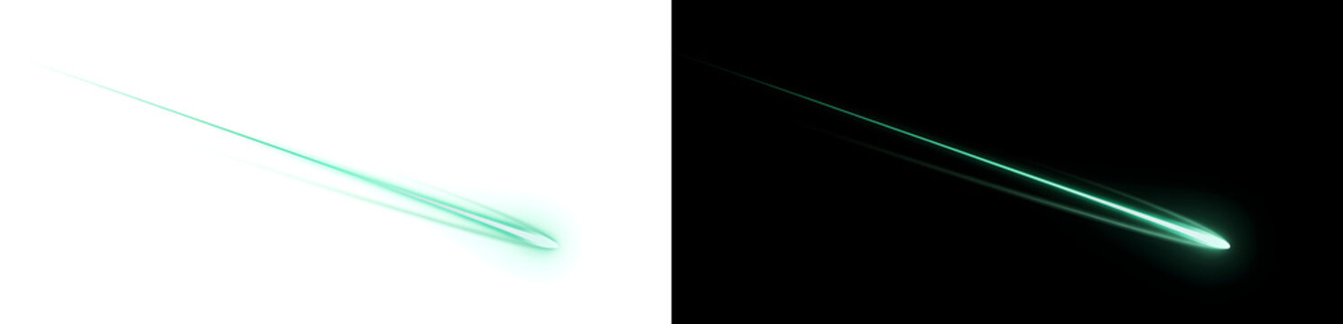 Green shooting star streaking diagonally with a bright glowing tip for cosmic designs in PNG, Transparent and Black Background Versions