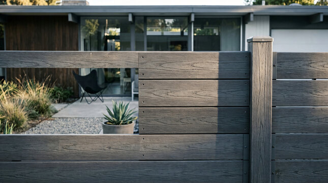 Modern gray composite horizontal privacy fence | Mid-century modern backyard landscaping design | Contemporary outdoor patio with agave plant