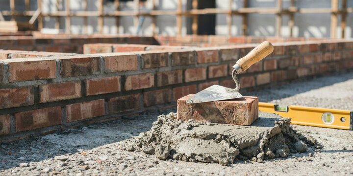 Bricklayer tools and bricks on construction site