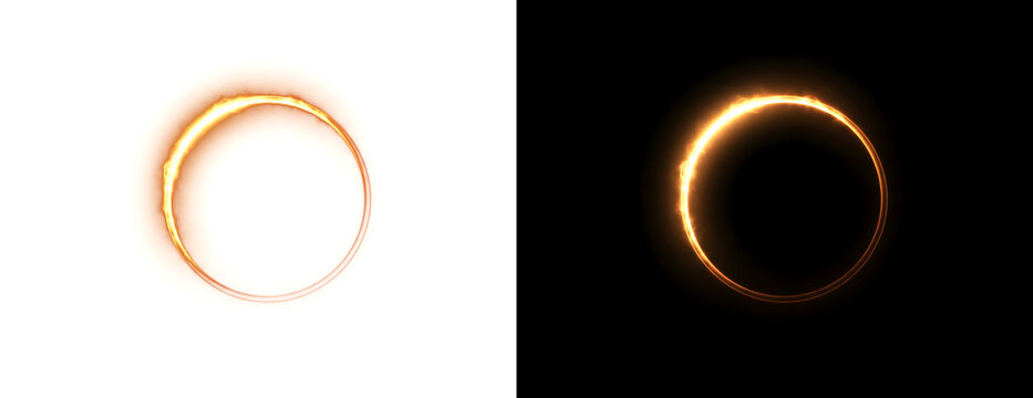 Solar eclipse fire ring glowing brightly with a bursting flame texture for cosmic designs in PNG, Transparent and Black Background Versions