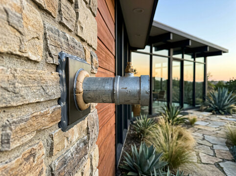 Modern house exterior gas pipe installation | Stone veneer wall utility outlet | Contemporary residential plumbing fixtures | Luxury desert home landscape design