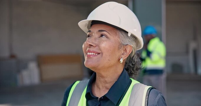 Mature, woman and architect thinking on construction site for building improvement or development. Female person, civil engineer or contractor with smile or vision for architecture ambition or career
