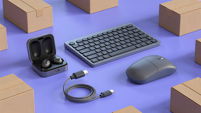 A collection of tech accessories featuring a wireless keyboard, a computer mouse, earbuds in a charging case, and a braided usb cable, surrounded by cardboard boxes on a purple surface