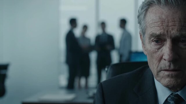 Crying senior executive, blurred team background, corporate crisis