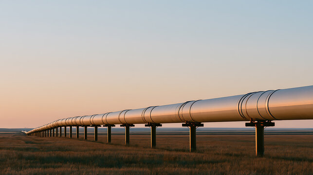 Industrial metal pipeline stretching across a vast barren landscape under a clear twilight sky with soft sunset colors on the horizon line