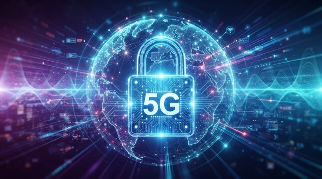 Glowing padlock marked &ldquo;5G&rdquo; secures luminous Earth, surrounded by circuits and blue light; symbolizing next‑generation cybersecurity, global networks, and resilient digital communication infrastructur