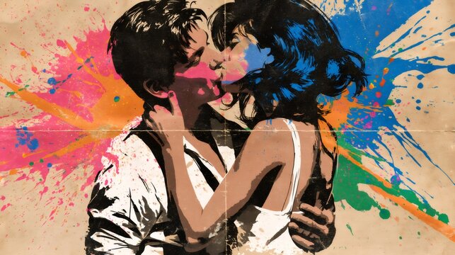 Couple kissing in colorful pop art splash style