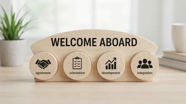Welcome aboard concept with wooden icons