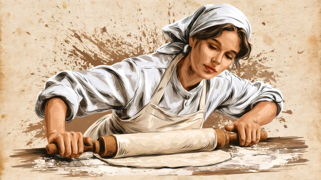 Woman baking dough with a rolling pin