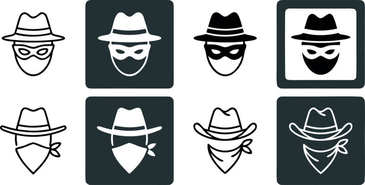 Criminal Thief and Wild West Cowboy Bandit Icon Set Featuring Masked Outlaw Spy Incognito Intruder and Western Robber Symbols for Cybersecurity Warning Digital Media Designs