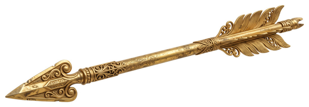 Ornamental gold arrow with carved scrollwork and feathers
