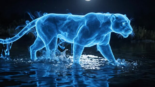 Mystical Jaguar Spirit Emerges From Ethereal Glowing Water Captivating Wildlife Encounter with Supernatural Blue Panthers Nature Aura, Powerful and Mysterious Wildlife Spirit Within Natures Water