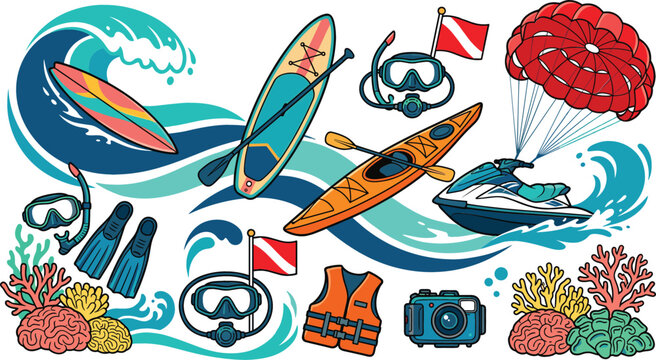 Water sports and ocean activity vector elements set featuring surfboard kayak jet ski parasail scuba gear and coral reef isolated on white background