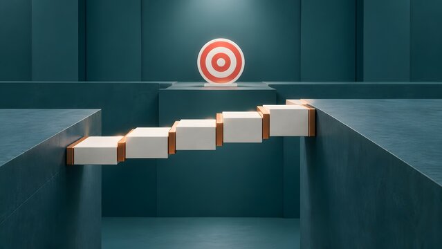 3D block staircase bridging a gap between platforms toward a target bullseye, representing risk management, overcoming business obstacles, and strategic connection.