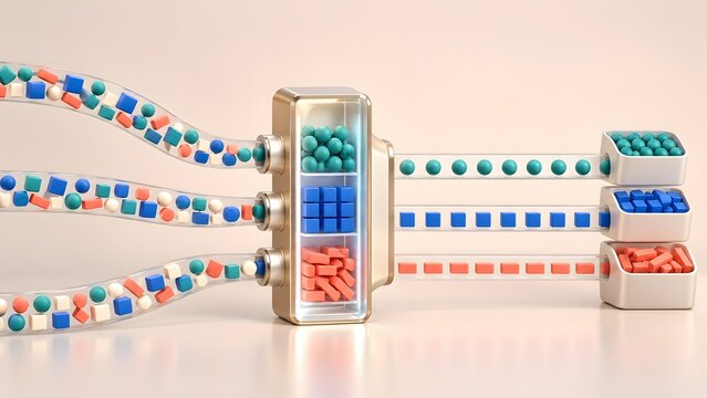 3D render of a mechanical sorting system filtering mixed geometric shapes into organized pipelines and bins, symbolizing data parsing, process management, and automated classification.
