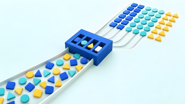 3D concept of data sorting and processing showing geometric shapes being organized through a system for business analytics and algorithm visualization.