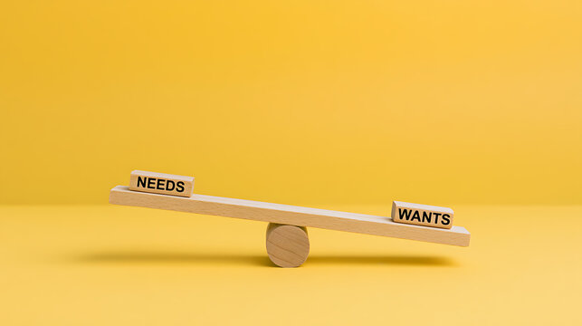 A conceptual wooden seesaw balance scale contrasting text blocks labeled needs and wants on a minimalist vibrant solid yellow background studio