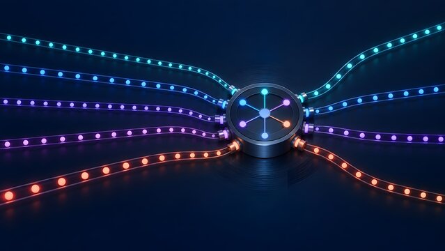 3D network integration concept with glowing data streams converging into a central hub illustrating information centralization and digital connectivity.