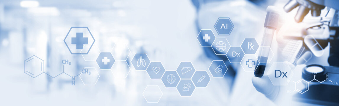 Health technology and medical research concept, Laboratory and Biotech science with data analysis for disease diagnosis using Ai assistant, Human Biology and microbiology technology