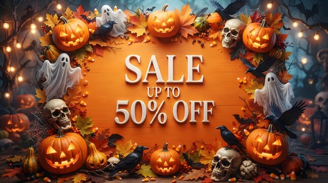 Halloween sale up to 50 percent off banner with pumpkins, skulls, ghosts, ravens, and autumn leaves on wooden background