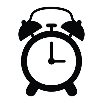 Retro alarm clock vector icon in black silhouette for morning wake up time management.
