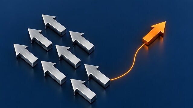 3D visualization of business innovation and leadership showing an orange glowing arrow breaking away from a group of silver arrows to forge a new upward path.